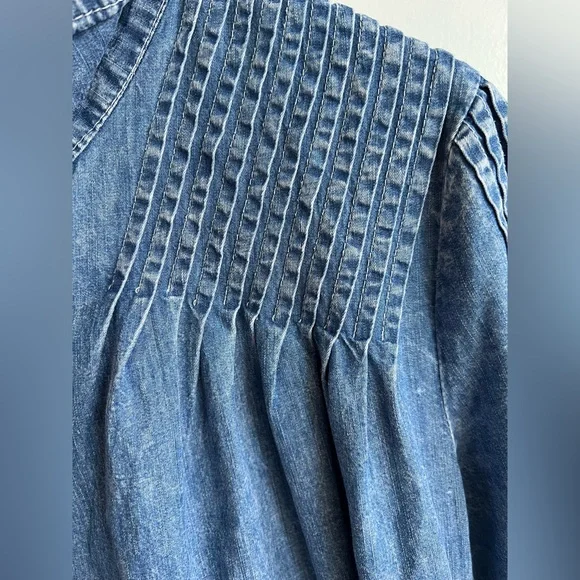 Denim Babydoll Dress Pleated Yoke Button Front Blue Size XL Cotton - Picture 5 of 13